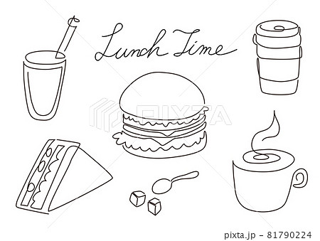 一筆書き コーヒーとハンバーガーとサンドイッチ 白黒 モノクロ のイラスト素材