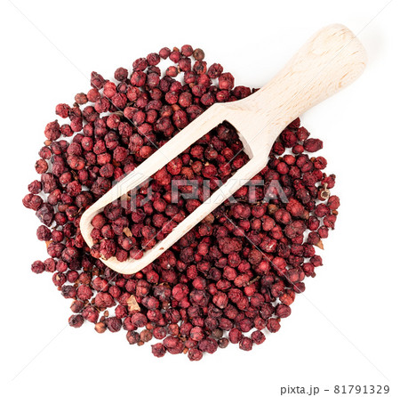 top view of wooden scoop on pile of dried magnolia berries (Schisandra Chinensis seeds) on white background 81791329