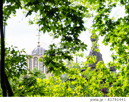 view of domes of orthodox churches through green foloage in Moscow city on sunny summer day view of domes of orthodox churches through green foloage in Moscow city on sunny summer day 81791441