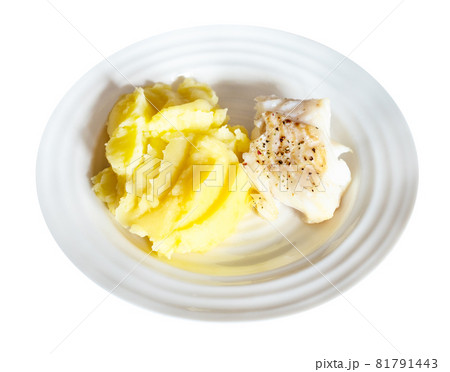 served baked and peppered cod fish with mashed potatoes on white plate cut out on white background served baked and peppered cod fish with mashed potatoes on white plate cut out on white background 81791443