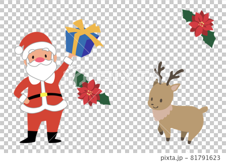 クリスマス プレゼントを持ったサンタクロースとトナカイのベクターイラスト クリスマス プレゼントを持ったサンタクロースとトナカイのベクターイラスト 81791623