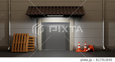 Night gate warehouse with metal rolling shutter. Building facade store or factory with wooden pallets, traffic cones on street. Storehouse exterior with automatic door, drain pipes and awning on wall 81791840