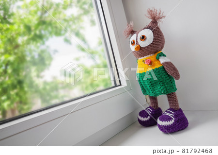 Handmade crochet toy owl near the window Handmade crochet toy owl near the window 81792468