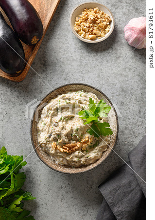 Baba ganoush of baked eggplant with parsley, garlic and olive oil. Baba ganoush of baked eggplant with parsley, garlic and olive oil. 81793611