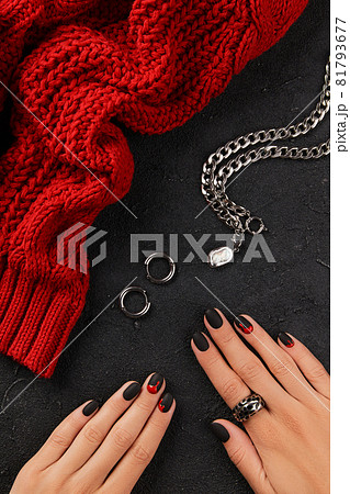 Womans hands with trendy bloody halloween manicure. Creative composition for social media 81793677