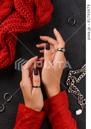 Womans hands with trendy bloody halloween manicure. Creative composition for social media 81793678