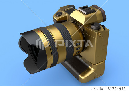 Concept of nonexistent gold DSLR camera with macro lens isolated on blue 81794932