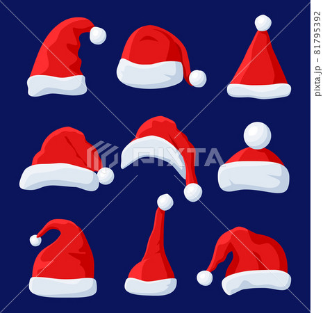 Red Santa Claus Hat Set Isolated on Blue. 81795392