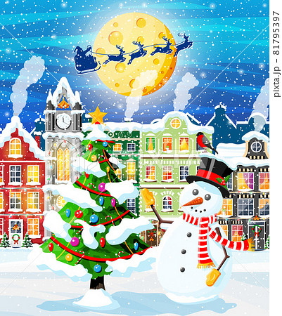 Christmas Card with Urban Landscape and Snowfall. 81795397
