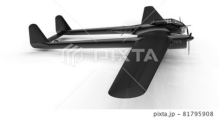 Three-dimensional model of the bomber aircraft of the second world war. Shiny aluminum body with two tails and wide wings. Turboprop engine. Shiny black airplane on a white background. 3d 81795908