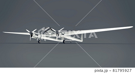 Three-dimensional model of the bomber aircraft of the second world war. Shiny aluminum body with two tails and wide wings. Turboprop engine. Shiny airplane on a gray background. 3d illustration. 81795927