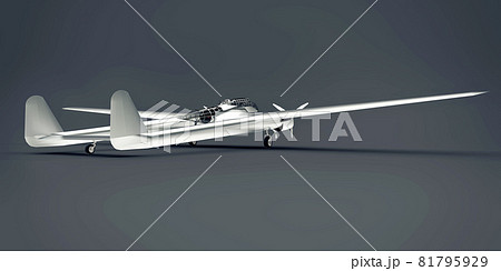 Three-dimensional model of the bomber aircraft of the second world war. Shiny aluminum body with two tails and wide wings. Turboprop engine. Shiny airplane on a gray background. 3d illustration. 81795929