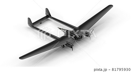 Three-dimensional model of the bomber aircraft of the second world war. Shiny aluminum body with two tails and wide wings. Turboprop engine. Shiny black airplane on a white background. 3d 81795930