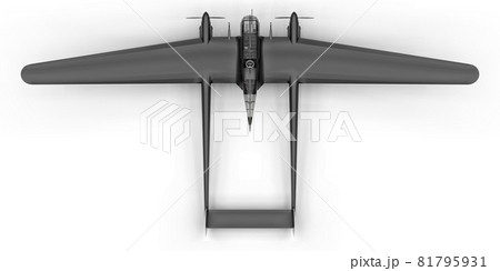 Three-dimensional model of the bomber aircraft of the second world war. Shiny aluminum body with two tails and wide wings. Turboprop engine. Shiny black airplane on a white background. 3d 81795931