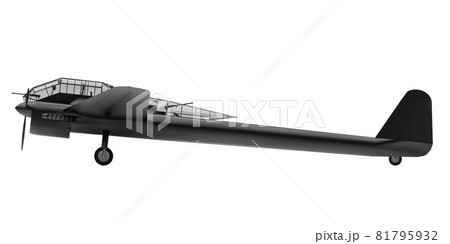 Three-dimensional model of the bomber aircraft of the second world war. Shiny aluminum body with two tails and wide wings. Turboprop engine. Shiny black airplane on a white background. 3d 81795932