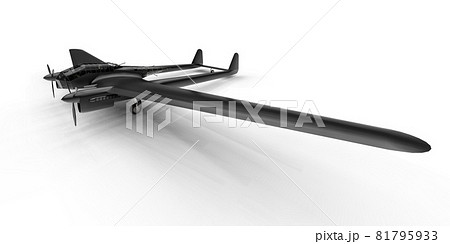 Three-dimensional model of the bomber aircraft of the second world war. Shiny aluminum body with two tails and wide wings. Turboprop engine. Shiny black airplane on a white background. 3d 81795933