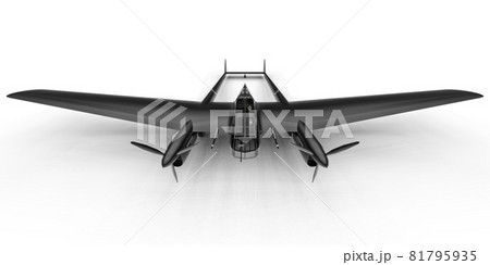 Three-dimensional model of the bomber aircraft of the second world war. Shiny aluminum body with two tails and wide wings. Turboprop engine. Shiny black airplane on a white background. 3d 81795935