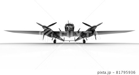Three-dimensional model of the bomber aircraft of the second world war. Shiny aluminum body with two tails and wide wings. Turboprop engine. Shiny black airplane on a white background. 3d 81795936