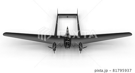 Three-dimensional model of the bomber aircraft of the second world war. Shiny aluminum body with two tails and wide wings. Turboprop engine. Shiny black airplane on a white background. 3d 81795937