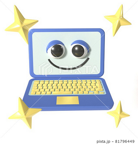 喜んでいる表情のノートパソコンの立体イラストのイラスト素材