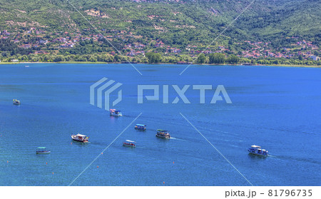 View of Ohrid Lake with pleasure boats. Selective focus 81796735
