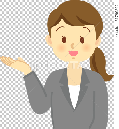 イラスト素材：スーツの女性が商品や人や物事の説明をする様子　上半身 81796862