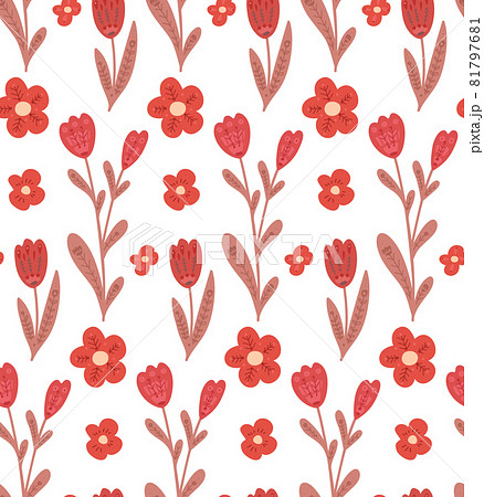 Seamless pattern with simple flowers with folk decorations on white background. Naive texture with tulips and red flowers with tribal pattern. Vector natural wallpaper Seamless pattern with simple flowers with folk decorations on white background. Naive texture with tulips and red flowers with tribal pattern. Vector natural wallpaper 81797681