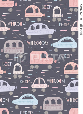 Cute delicate childish pattern with hand drawn cars with tribal pattern and lettering on gray background. Vector tender texture with machines in pastel color. Cartoon vehicles 81797685