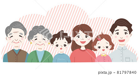 三世代家族の幸せなイラスト 横長のイラスト素材