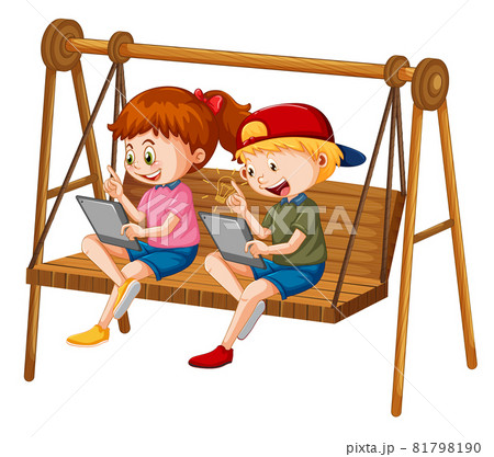 Kids leaning online with tablet on swing chair Kids leaning online with tablet on swing chair 81798190