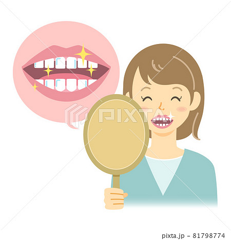手鏡で綺麗な歯を見ている笑顔の女性のイラスト 81798774