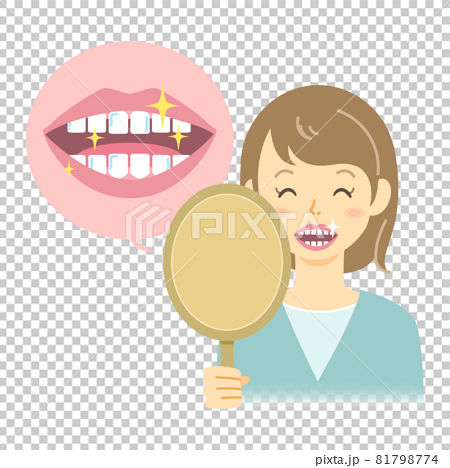 手鏡で綺麗な歯を見ている笑顔の女性のイラスト 81798774