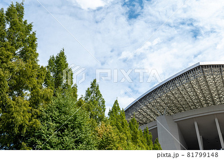 埼玉スタジアムの屋根と街路樹の写真素材