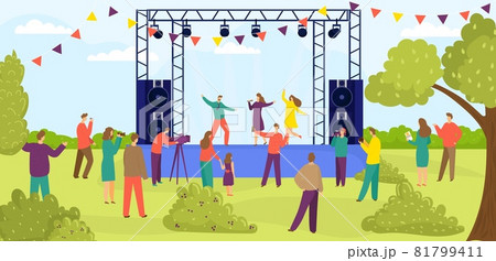 Modern outdoor rock music festival, people character together watch entertainment performance flat vector illustration, banner forest place. Modern outdoor rock music festival, people character together watch entertainment performance flat vector illustration, banner forest place. 81799411