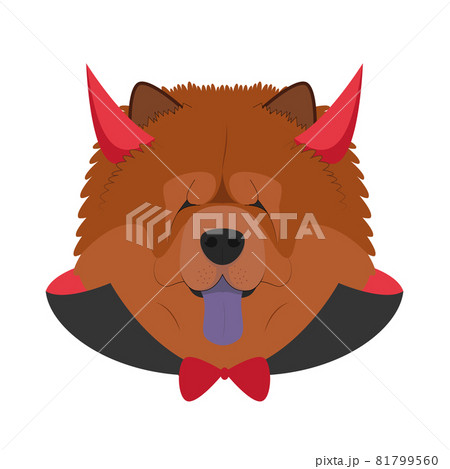 Halloween greeting card. Chow Chow dog dressed as a devil with red horns and cape 81799560