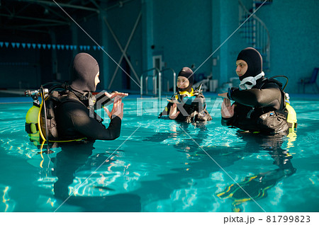 Instructor and two divers, lesson in diving school Instructor and two divers, lesson in diving school 81799823