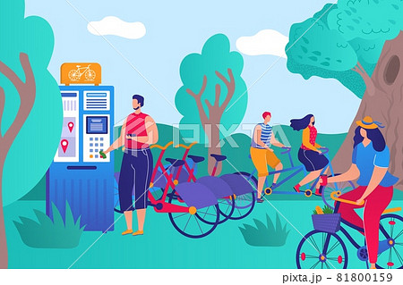 Parkland bicycle rental, healthy lifestyle people character together sport activity flat vector illustration, rental automatic machine. Parkland bicycle rental, healthy lifestyle people character together sport activity flat vector illustration, rental automatic machine. 81800159