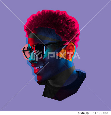 Modern art collage of young male portrait made of different pieces of faces. Contemporary view on multiethnic, human rights 81800368