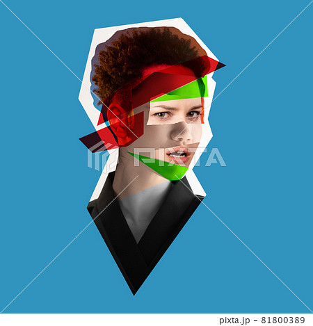 Modern artwork, collage portrait made of differend face parts. Creative image of gender, culture, nations equality. 81800389
