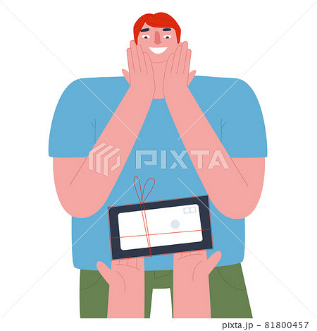 A man receives a new phone as a gift. Flat vector illustration of people. Vector illustrationThe man is delighted with the gift. Hands holding out a new phone. Flat vector illustration of people A man receives a new phone as a gift. Flat vector illustration of people. Vector illustrationThe man is delighted with the gift. Hands holding out a new phone. Flat vector illustration of people 81800457