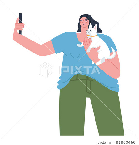 A girl takes selfies on her phone with a small white dog in her arms. Fashionable flat vector illustration. Vector illustration 81800460