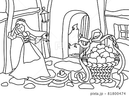 毒リンゴを食べた白雪姫　モノクロ線画 81800474