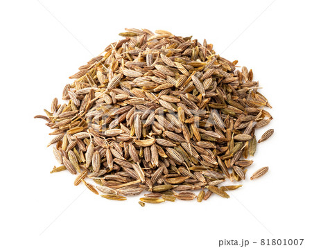 pile of cumin seeds closeup on white background 81801007