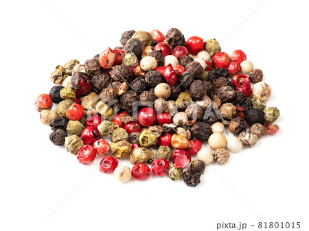pile of Four Pepper Blend closeup on white background pile of Four Pepper Blend closeup on white background 81801015