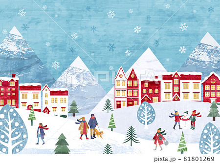 雪が降るクリスマスの街並みと人々の冬のベクターイラスト背景のイラスト素材