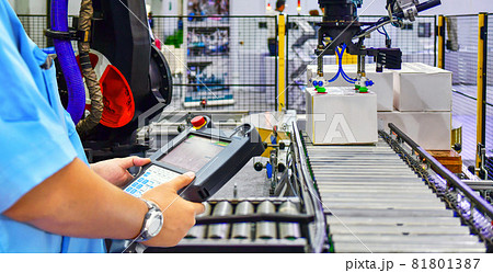 Manager checking and control automated production line cardboard boxes on conveyor belt. parcels transportation system concept Manager checking and control automated production line cardboard boxes on conveyor belt. parcels transportation system concept 81801387