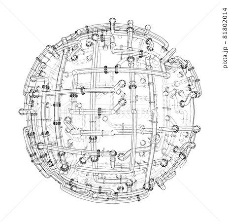 Pipes with flanges around a large sphere. Vector 81802014