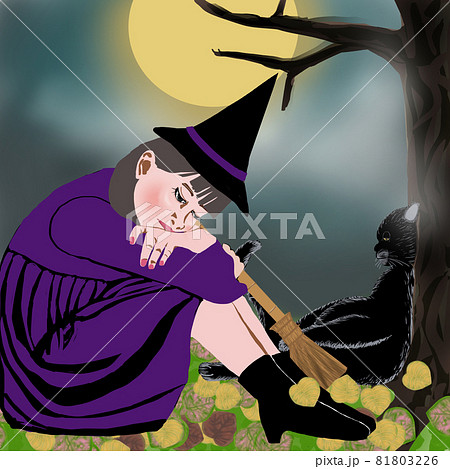 ハロウィーンの満月の夜に森で魔女の仮装をする眠そうな女の子と黒猫のイラスト素材