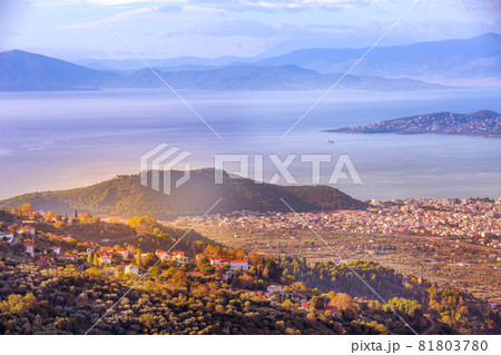 Volos city sunset view from Pelion mount, Greece 81803780