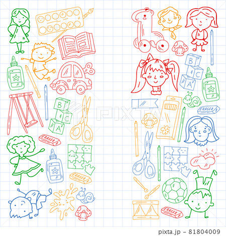 Children play with toys in the kindergarten. Kids playground. Education, creativity, imagination. Children play with toys in the kindergarten. Kids playground. Education, creativity, imagination. 81804009